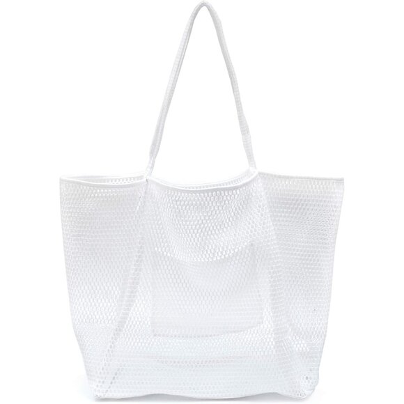 Women's White Mesh Beach Nylon & Polyester No-closure Tote Shoulder Handbag - Picture 1 of 7